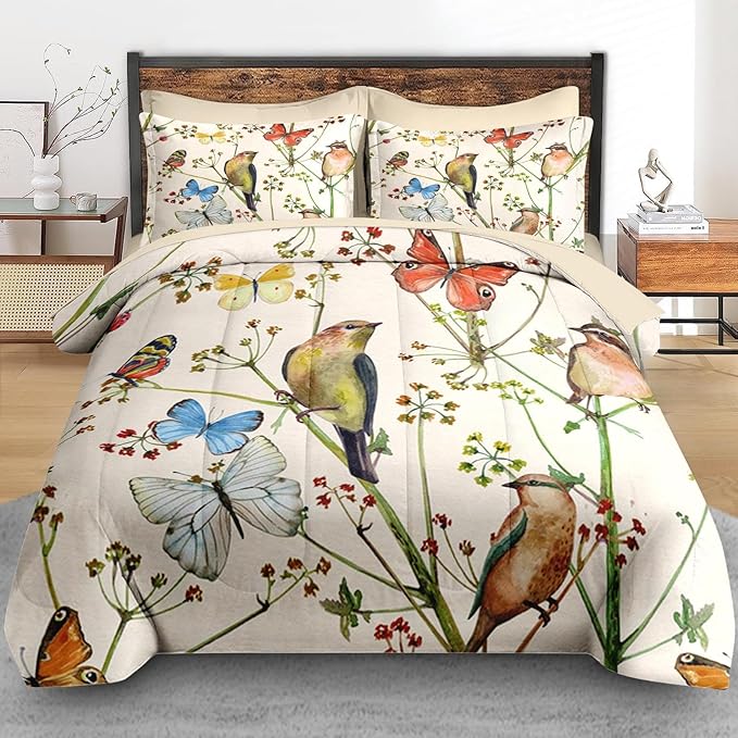 Comforter Set Queen Size, Vintage Birds Butterfly Colorful 7 Pcs Bedding for Kids and Adults, Floral Spring Beige Bed Sheet Sets with Fitted Sheet 2 Pillowcase & 2 Sham for Bedroom Bed Decor