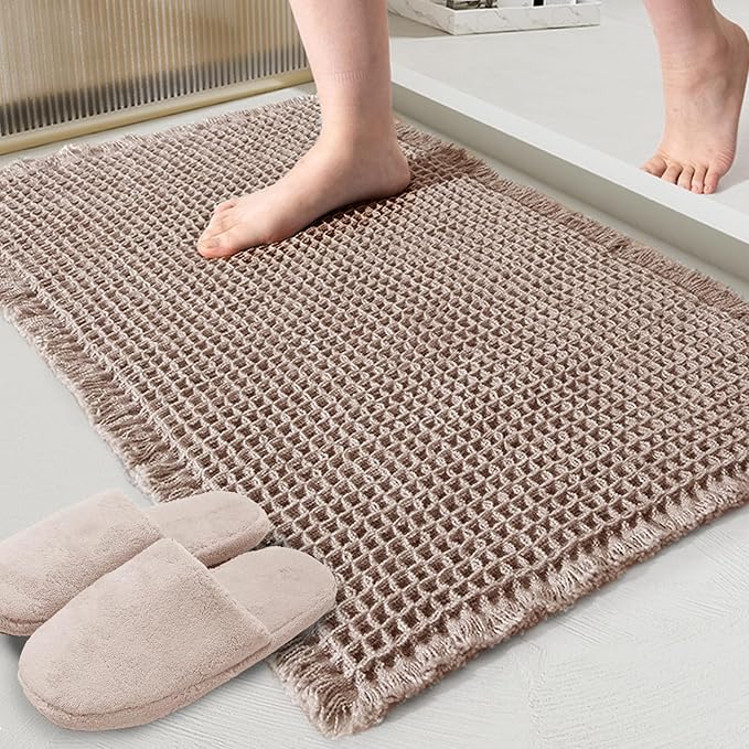 ZALL Tan Waffle Bath Mat,Super Absorbent Non Slip Bathroom Rug,Brown 24x36inch,Machine Washable Ultra Soft Floor Mats