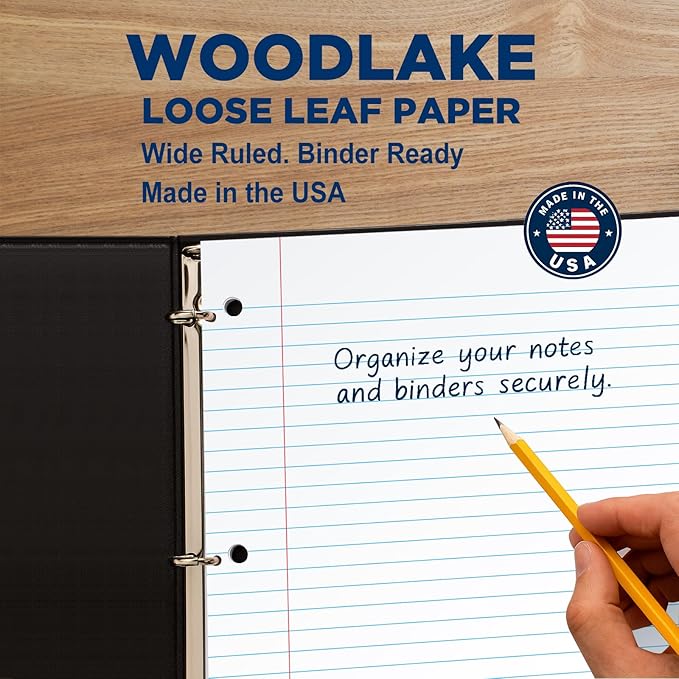 Woodlake Loose Leaf Paper, Wide Ruled Notebook Paper, 8 x 10.5”, 150 Sheets per Pack, 3 Pack Bulk Lined Filler Paper, 3 Hole Punched, 60gsm, Made in USA