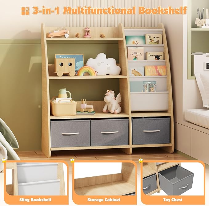 NACHES Kids Bookshelf and Toy Storage Organizer, Montessori Nursery Book Shelves with Sling Rack & Fabric Toy Bins, Toddler Baby Bookcase, Wooden Toy Shelf for Kids Room, Playroom, Sail-Burlywood