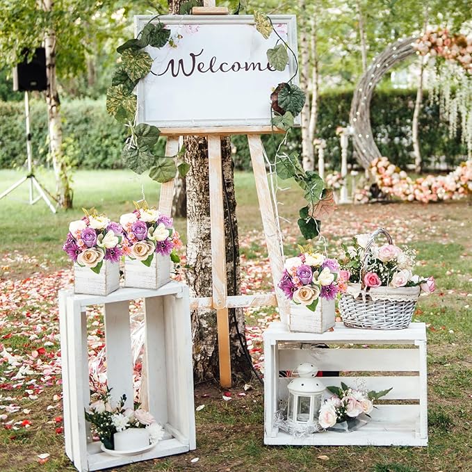 Dandat 12 Sets Wooden Cube Planter Boxes for Centerpiece 4 Inch Flower White Wood Rustic Square Vase with Removable Plastic Liner Floral Foam Block for Garden Wedding Christmas Home Arrangement Decor