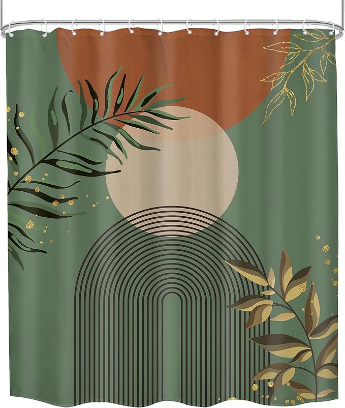 Boho Dark Green Shower Curtain 60Wx72H Abstract Bohemian Mid Century Minimalist Teal Gold Leaf Arch Geometric Plant Neutral Bathroom Decor Botany Bath Curtain Fabric Polyester 12 Pack Hooks