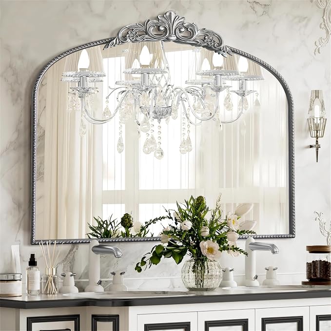 Micasso Large Vintage Silver Mirror: 40"x29" French Baroque Antique Arched Mirror - Traditional Ornate Decorative for Wall/Fireplace/Mantel/Entryway/Bathroom/Hallway - Home Decor for Living Room