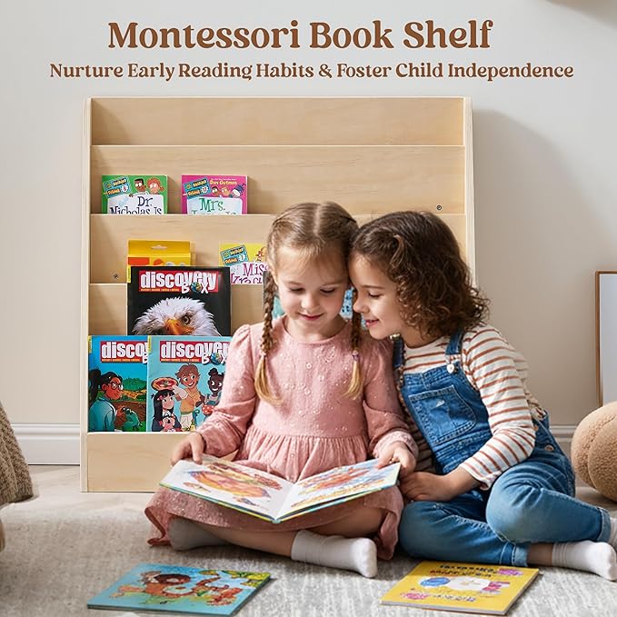 Montessori 5-Tier Kids Bookshelf & Organizer, Pine Plywood Forward-Facing Book Display Shelf for Playroom, Nursery & Classroom