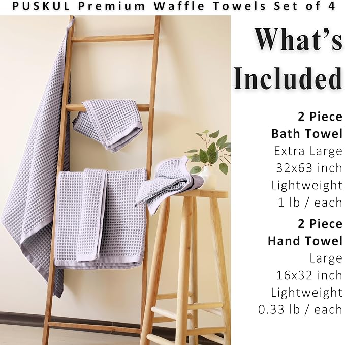 PÜSKÜL 4-Piece Natural 100% Turkish Cotton Luxury Waffle Towels for Bathroom | Premium Honeycomb Weave 2 Hand Towel & 2 Bath Towel Set | Soft Absorbent Quick-Dry Lightweight Towels (Gray)