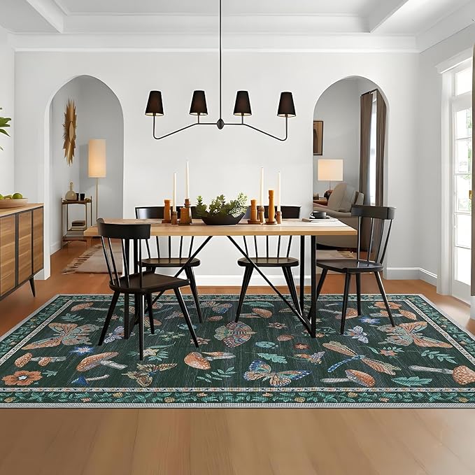 Washable 9x12 Black Area Rugs Living Room Large Rug Boho Vintage Floral Carpet Soft Bedroom Indoor Floor Mats Non-Slip Farmhouse Rustic Style Carpet for Nursery Dining Room Home Decor Office, Black