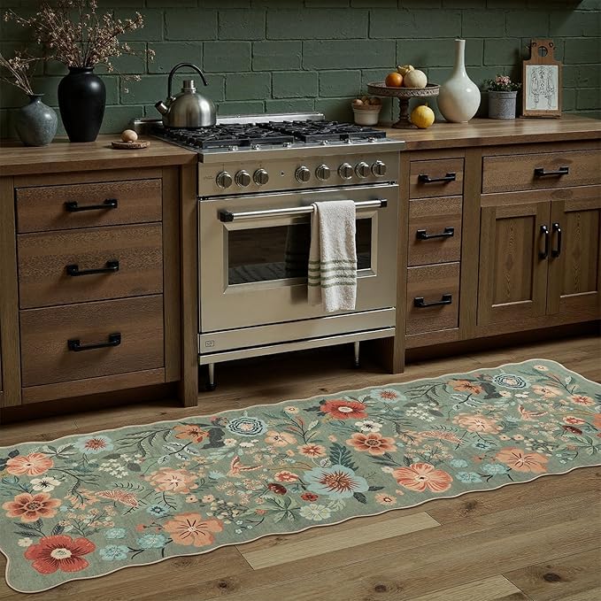 DCX Vintage Floral Rug 2x6, Washable Sage Green Rug for Hallway, Kid & Pet Friendly with Rubber Back Non Slip, Soft Low Pile Carpet, Stain Resistant Rug for Dining Room, Kitchen, and Bathroom