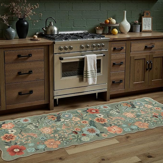 DCX Vintage Floral Rug 2x6, Washable Sage Green Rug for Hallway, Kid & Pet Friendly with Rubber Back Non Slip, Soft Low Pile Carpet, Stain Resistant Rug for Dining Room, Kitchen, and Bathroom