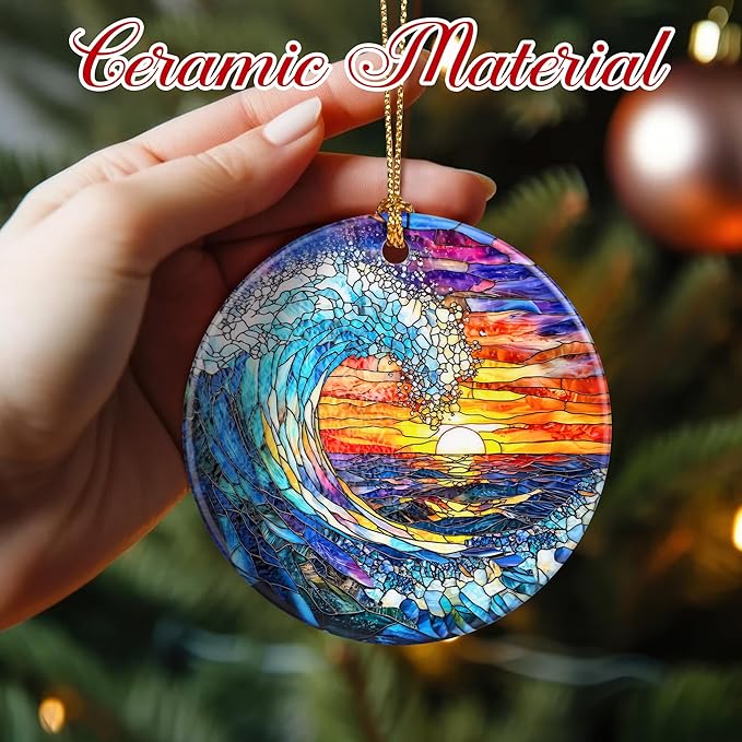 Christmas Ornaments, 2.8 Inch Ceramic Hanging Ornament, Christmas Tree Ornaments, Xmas Decorations, Holiday Decorations, Holiday Party Gifts, and Xmas Gift Ideas - Sunset On The Beach
