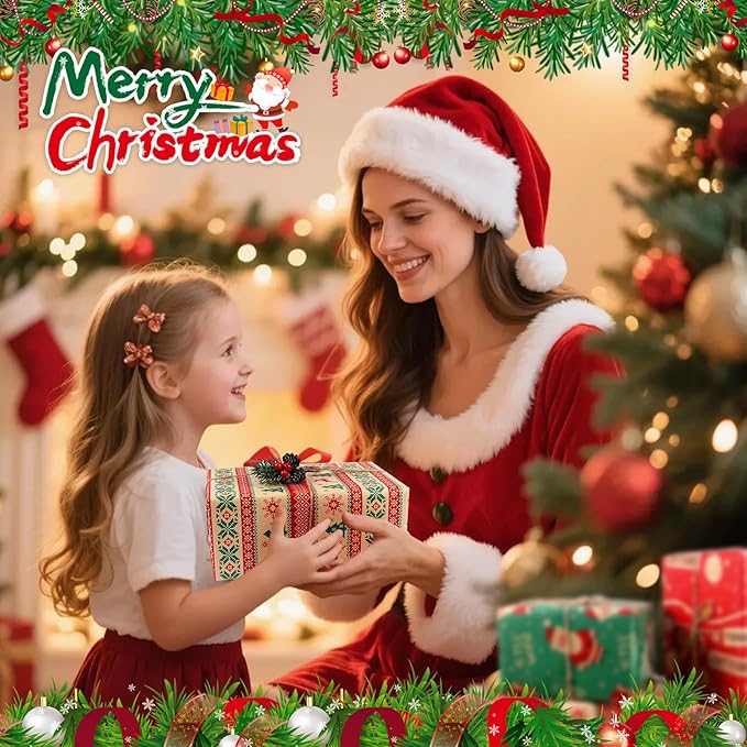 Panigkids Wrapping Paper Jumbo Rolls, Holiday Gift Kraft Wrap Paper for Kids Adults, 4 Rolls - 17 in. x 16 ft. Per Roll, Green Christmas Tree, Snowflakes, Santa, Merry Christmas.（With Jute Twine）