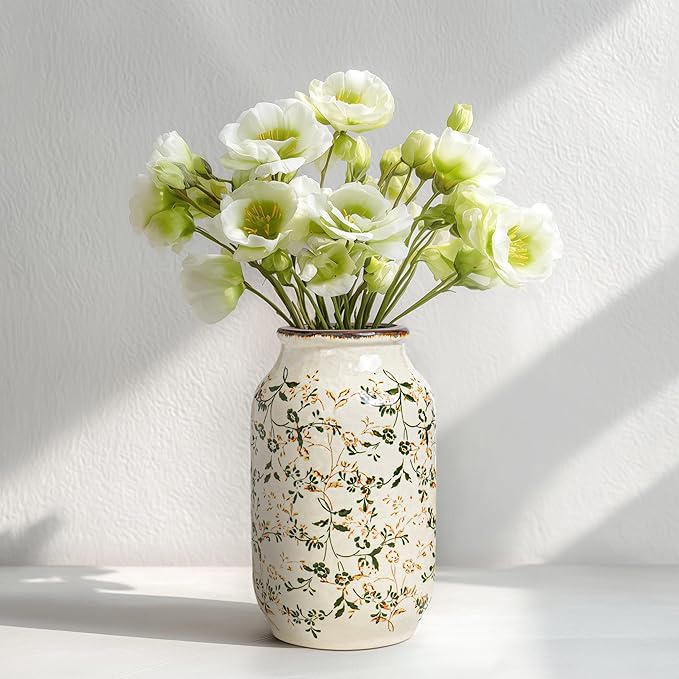 White and Green Vintage Vase, Chinoiserie Floral Vases for Flowers, Rustic Farmhouse Ceramic Vase for Home Decor, Living Room, Shelf, Office, Vintage Room Decor, 9 inch