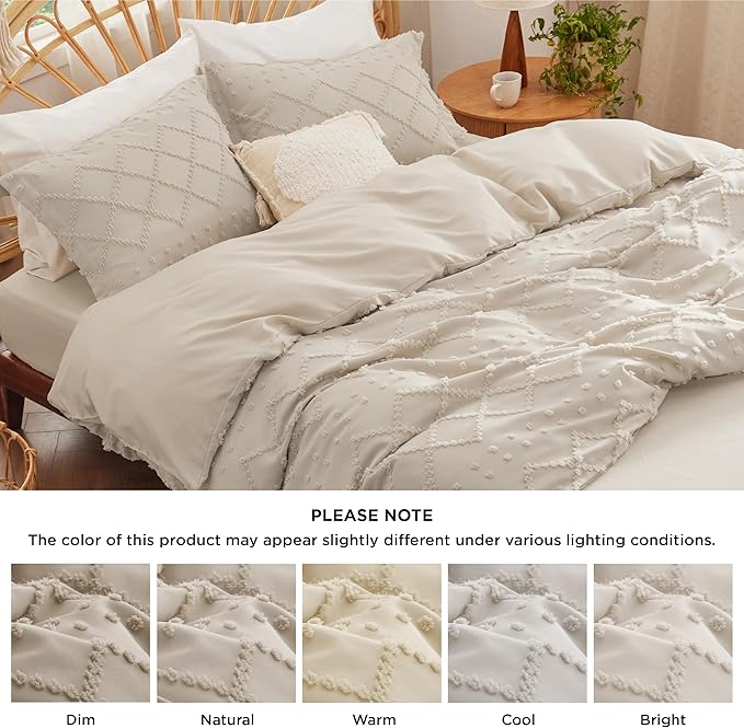 Bedsure Boho Duvet Cover King Size with Fitted Sheet - Boho Bedding Comforter Set, 4 Pieces, Includes 1 Duvet Cover 104"x90" with Zipper Closure, 2 Pillow Shams, 1 Fitted Sheet, Beige