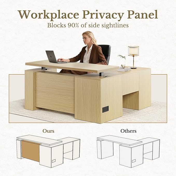 63 Inches L Shaped Electric Standing Desk, Height Adjustable Executive Desk with Drawers and File Cabinet, AC/USB, 1.18" Desktop and Privacy Panel for Home Office, Light Walnut
