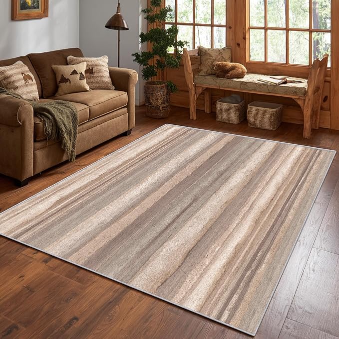 Natural Stripe Rustic Area Rug, Beige Brown Pattern Carpet, Washable Non Slip Low Pile Soft Thin, Living Room Bedroom Dining Room Home Decor Mat 3x5ft(Small)