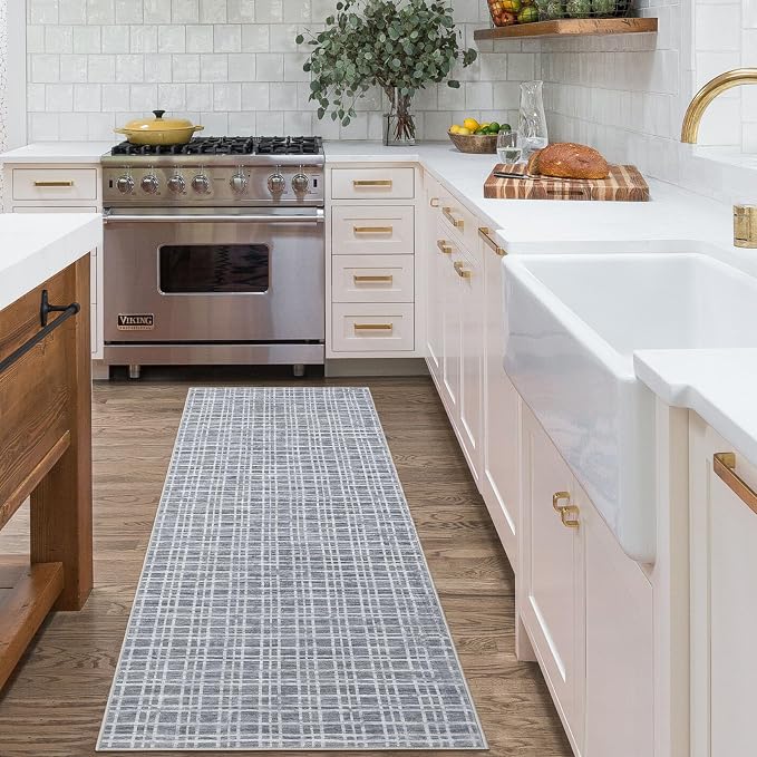 Washable Runner Rug for Entryway 2x6 Modern Plaid Non Slip Kitchen Rug Bathroom Rugs Grid Throw Rugs Soft Faux Wool Stain Resistant Carpet for Laundry Hallway Bedside 2'x6' Grey