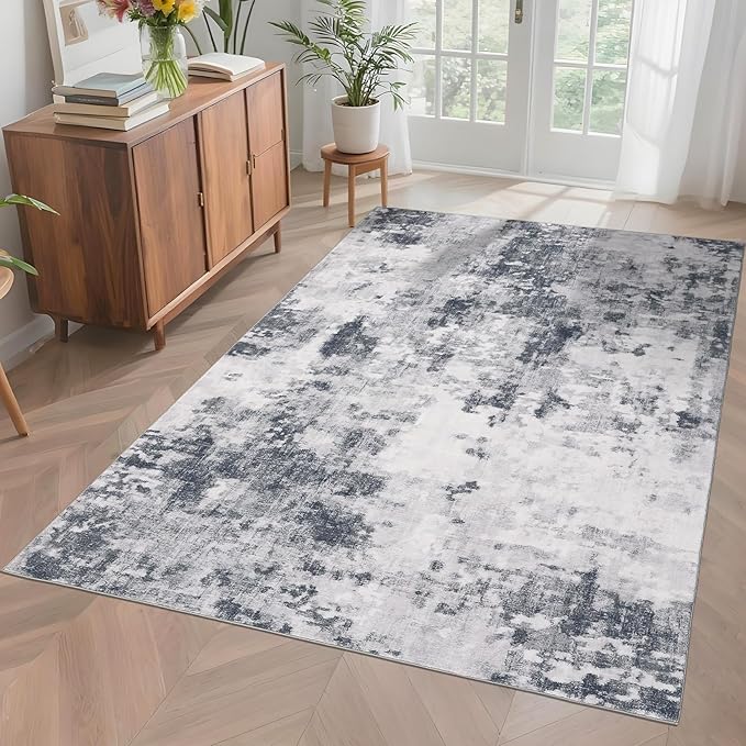 Washable 5x7 Area Rugs for Living Room Low Pile Small Carpet Soft Bedroom Rug Modern Abstract Carpet Non Shedding Thin Colorful Carpets Contemporary Floor Mats for Kitchen Nursery, Grey