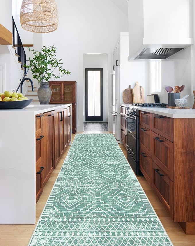 Wonnitar Moroccan Kitchen Runner Rug Washable Non-Slip, 2'6"x10' Mint Green Hallway Rugs, Boho Long Runner Rug for Entryway, Low Pile Soft Runner for Bathroom Laundry Entrance (Mint Green,2'6"x10')