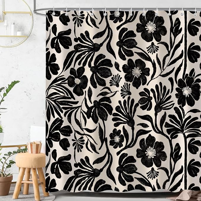 Black Boho Vintage Floral Shower Curtain，Mid Century Modern Retro Cute Abstract Flower Leaves Aesthetic Bathroom Decoration，Polyester Fabric Waterproof Bath Curtain 72x72 Inch with 12 Hooks
