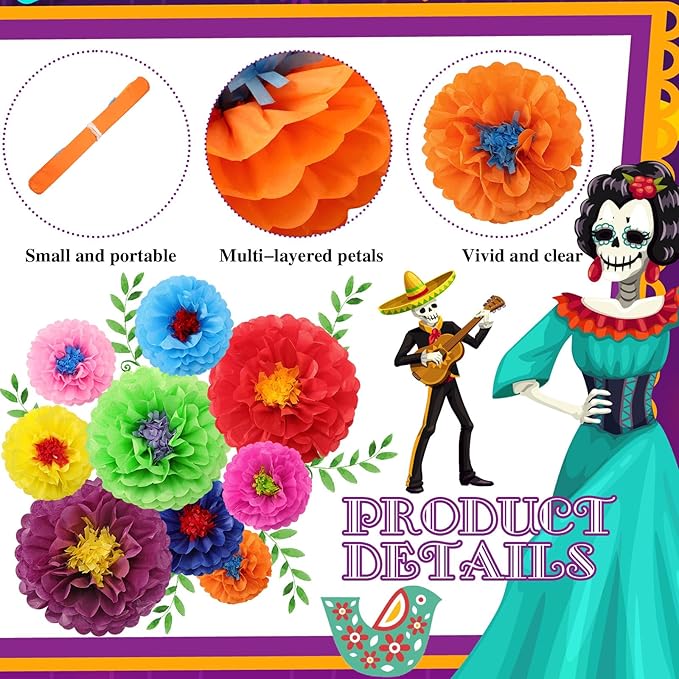 Geyee 27 Pcs Mexican Paper Flowers Colorful Fiesta Tissue Paper Flowers Mexican Carnival for Floral Party Backdrop Birthday Wedding Party 8, 10, 12 Inch(Stylish Color)