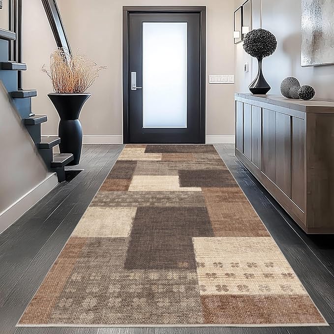 Modern Geometric Patchwork Indoor Runner Rug for Living Room, Beige 2'x 6' Large Rug Rockwood Collection Hardwood Floors Decor for Bedroom, Beige Throw Carpet for Office Entryway Dining Room