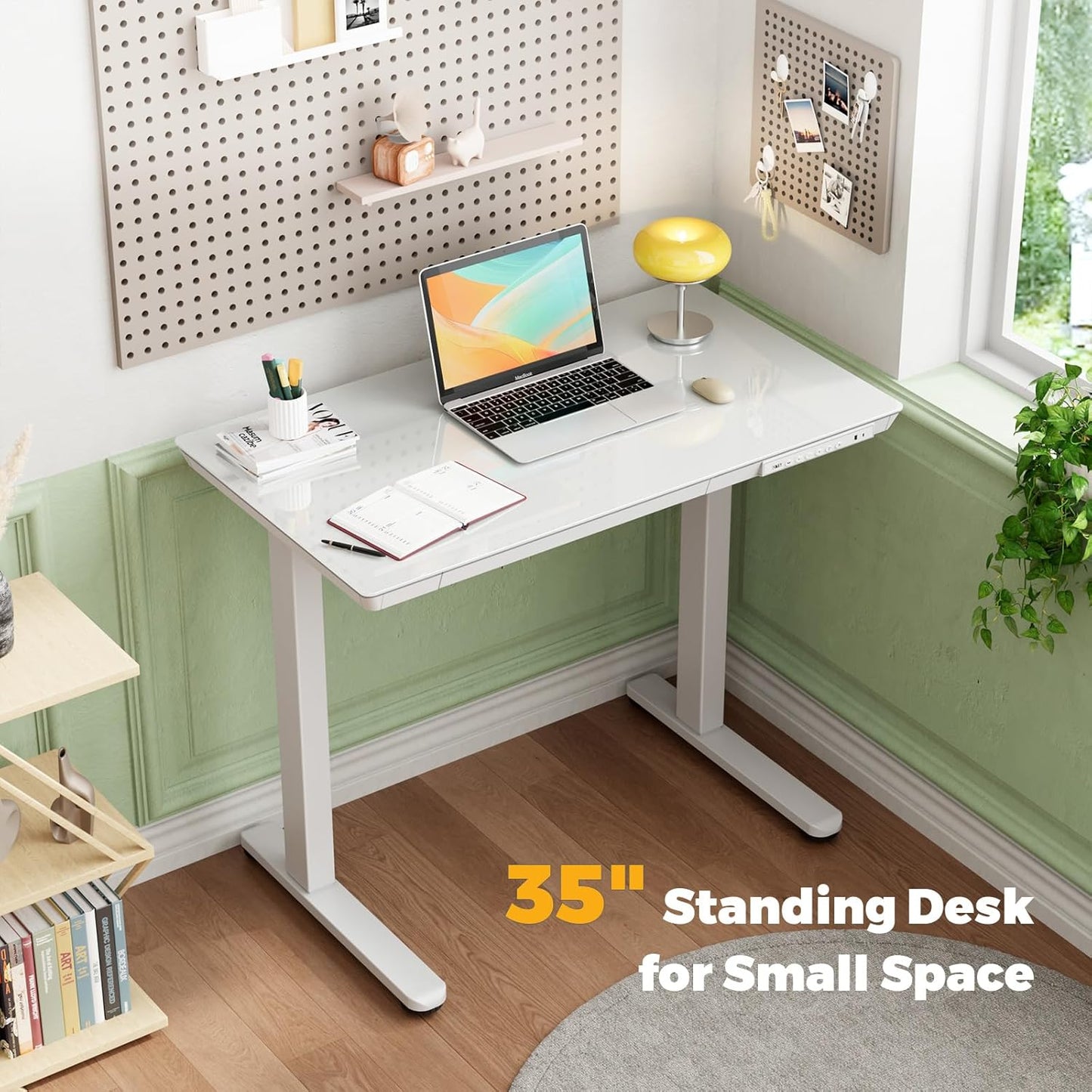Skiennix Glass Electric Standing Desk - Height Adjustable with Drawer & USB Ports | 35" x 20" White