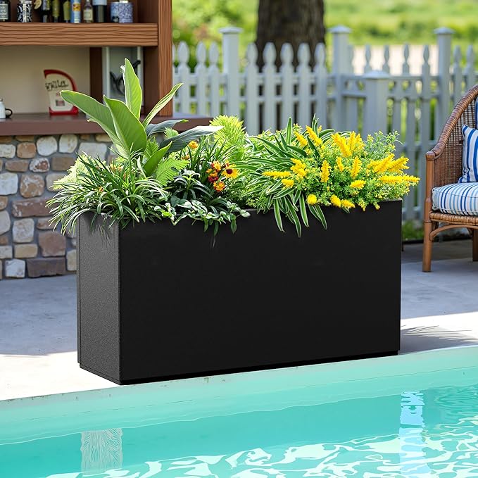 Metal Planter Box Rectangular Planter Box with Drainage Hole, Outdoor Large Planters, All-Weather Use, Rust-Resistance, for Flowers Plants, 32" L × 10" W × 16.3" H, Black