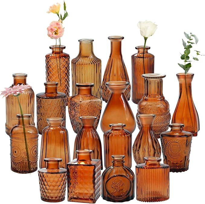 Amber Glass Bud Vases Set of 20,Small Flower Vases for Wedding Centerpieces,Mini Bud Vases in Bulk Amber Glass Vase for Table Decoration,Home Decor