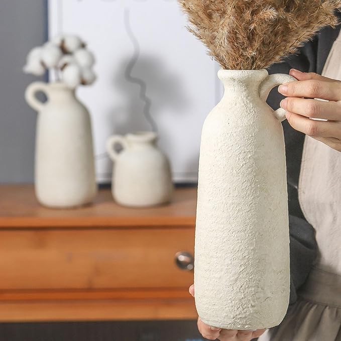 Ceramic Vase Set of 3 with Handle, Neutral Rustic Vases Home Decor Farmhouse Decorative Vase Whitewashed Pottery Decor Modern for Table Mantel Entryway Bookshelf Living Room Kitchen Bedroom - White