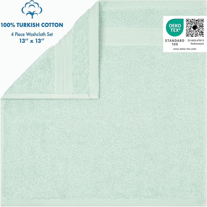 Cotton Paradise 100% Cotton Turkish Towel Set, Soft Absorbent Quick Dry, 4 Piece Washcloth Set, Mint Green