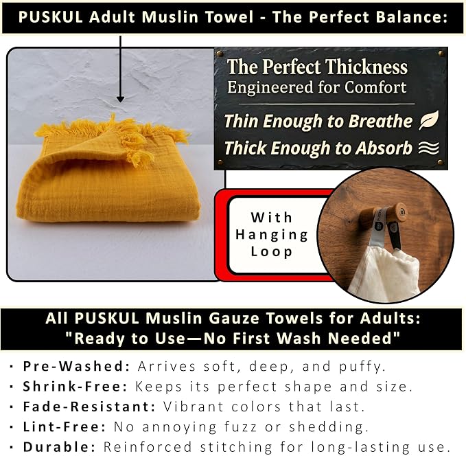 PÜSKÜL - Premium 2-Piece Oversized Muslin Bath Towel for Adult 35x70 Extra Large Bath Sheets | Natural 100% Turkish Cotton Soft Absorbent Quick-Dry Thin Spa & Beach Towels (Pack of 2, Mustard Yellow)
