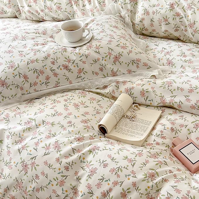 LifeTB Ruffle Duvet Cover Twin 100% Cotton Pink Flower Duvet Cover Girls Princess Lace Bedding Set Vintage Floral Botanical Comforter Cover with Chic White Ruffle Lace Cute Floral Bedding Set Twin