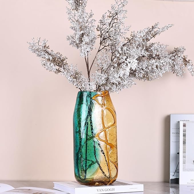 Pretty Hand Blown Glass Vase, Colored Glass Flower Vases Home Decor, Amber and Teal Decorative Murano vase for Living Room Office Bedroom Coastal Table Centerpieces Gift