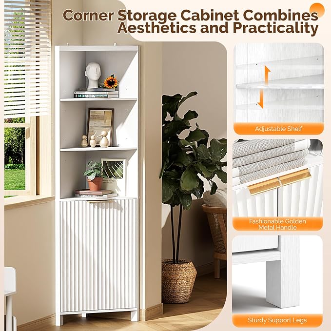 VINGLI Tall Corner Cabinet with Fluted Doors, 68" White Corner Storage Cabinet with Adjustable Shelves, Freestanding Wood Corner Bookshelf for Bathroom, Living Room & Kitchen, Space-Saving