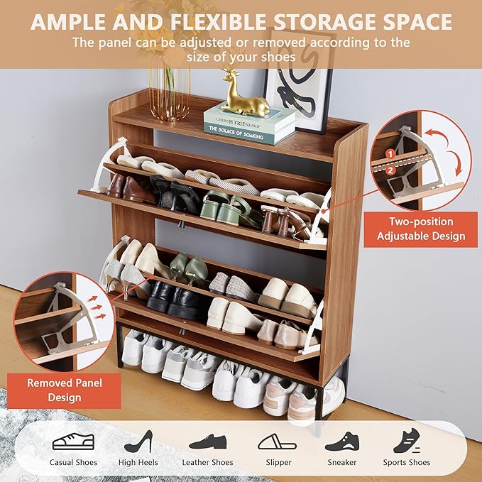 LEVNARY Shoe Cabinet Set of 2, Wooden Narrow Shoe Racks Cabinet Storage with 2 Flip Drawers, Hidden Freestanding Shoe Organizer for Hallway, Entryway, Home (2, Walnut)