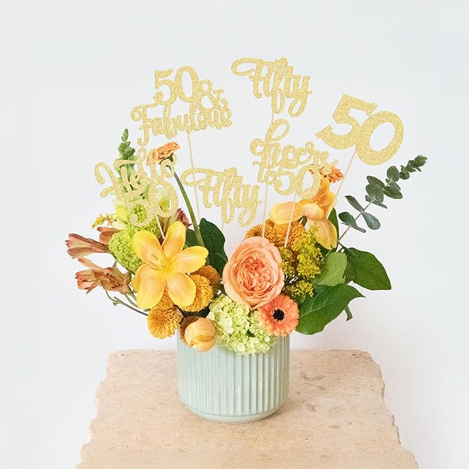 Gyufise 15Pcs 50th Birthday Centerpiece Sticks Fifty Happy 50th Table Flower Centerpieces Sticks Cheers to 50 Floral Decorations for 50th Birthday Party Centerpieces Supplies Gold