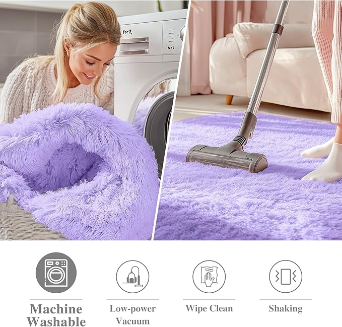 OLANLY Light Purple Round Rugs for Bedroom - Machine Washable, 2 ft Circle Area Rugs for Living Room, Soft and Fluffy Shaggy Carpet for Teen Girls and Boys, Nursery Rooms, Dorms, Home Decor Aesthetic