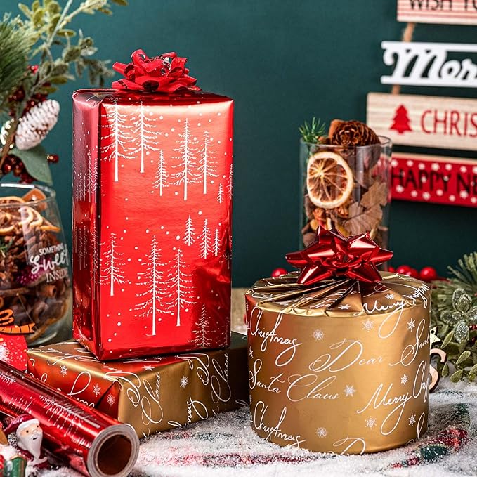 MAYPLUSS Christmas Wrapping Paper Roll - 17IN X 33FT - Reversible Christmas Gift Wrapping Paper Featuring Tree Against Red for Kids, Holiday, New Year