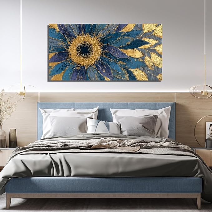 JuhaiArt Blue Wall Art Bedroom Large Gold Flower Canvas Wall Decor Floral Picture Art for Living Room Office 29" x 59" Sunflower Abstract Artwork