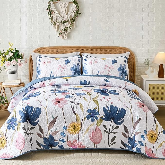 Anibedding Dark Blue Quilt Set Full Size, Floral Bedspread Soft Microfiber Lightweight Quilt Bedding Sets Flower Coverlet for All Season(Full,78"x90")