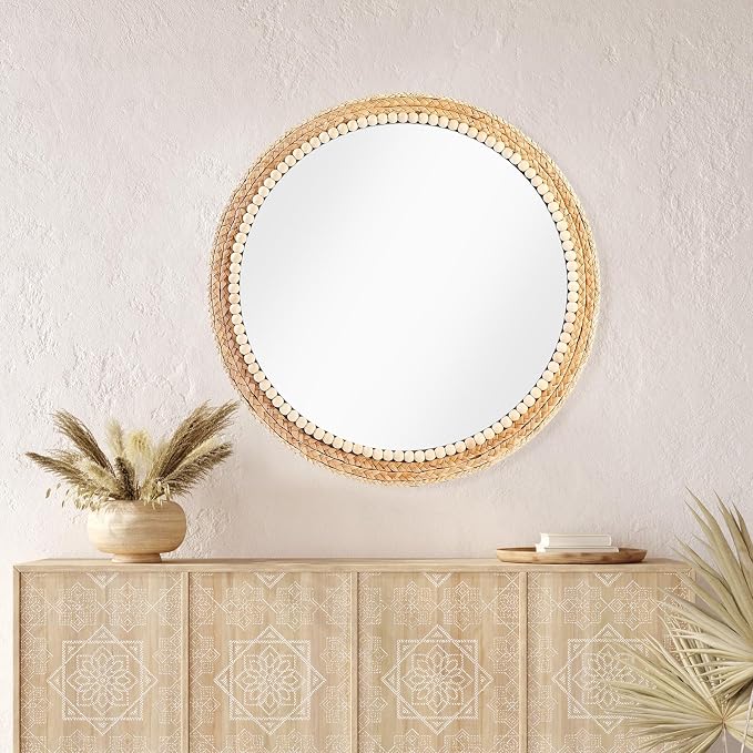 21 Inch Boho Round Hanging Wall Mirror Decorative Rattan Circle Wall Mounted Mirror for Farmhouse, Living Room, Bedroom, Bathroom