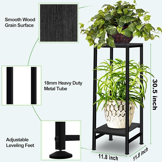 Plant Stand Indoor, Tall Plant stands for Indoor Outdoor Plants, 2 Tier Heavy Duty Plant Shelf 31" Metal Pedestal Stand Modern Corner Flower Stand for Patio, Living Room, Balcony(Black)