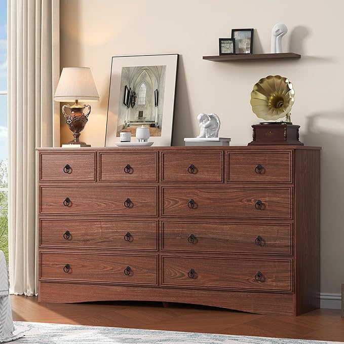 Dresser for Bedroom with 10 Drawers, Large Chest of Drawers Storage Organizer, Long Dresser Storage TV Stand for Living Room, Bedroom, Hallway Cherry Wood