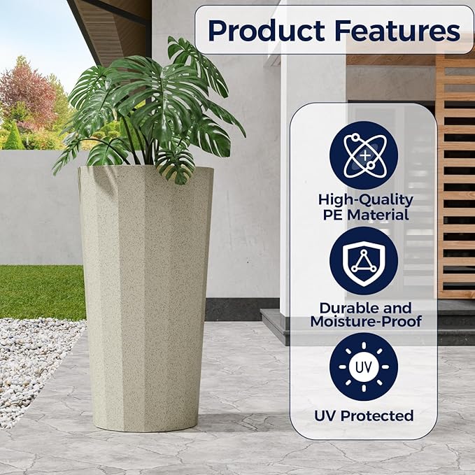 23.6" Tall Outdoor Planters Set of 2, Large Planters for Outdoor Plants for Porch Decor with Drainage Hole, Wide Stripe Design Porch Flower Pots for Indoor Pot Patio/Garden, Off White