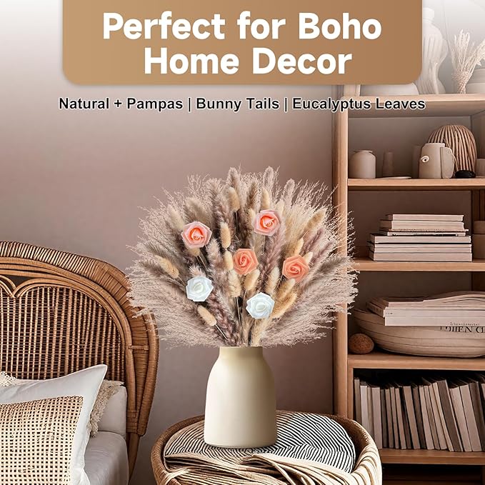Pampas Grass Boho Home Decor 101PCS 17 inch Natural Dried Flowers for Vase Pompas Eucalyptus Stems, Artificial Flowers Bouquet DIY Arrangements Boho Wedding Bedroom Tables Rustic Decoration
