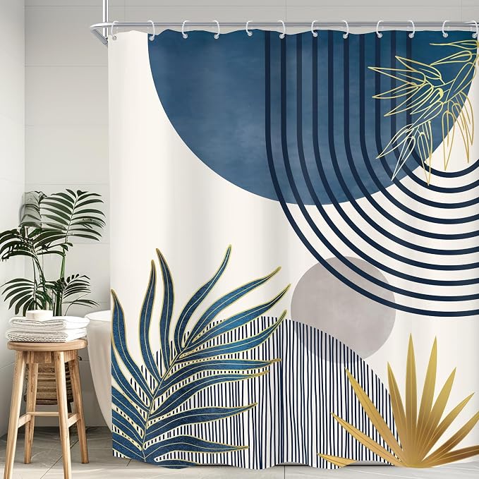 KOMLLEX Mid Century Boho Shower Curtain for Bathroom Decor Abstract Modern Sun Minimalist Aesthetic Arch Curve Leaves Geometric Navy Blue Gray Neutral Fabric Waterproof Polyester 12 Hook 60Wx72L