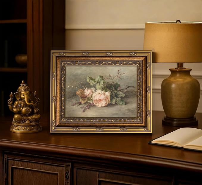 Vintage Gold Framed Flower Still Life Wall Art Retro Rose and Wildflower Wall Decor Pink Floral Print artwork Farmhouse Country Flower painting Picture for Gallery Kitchen Living Room Bedroom 9X11in