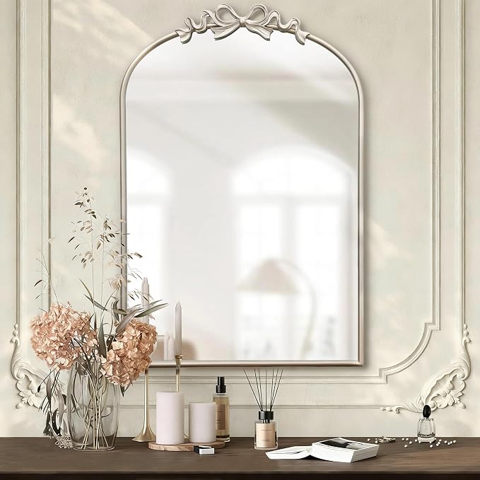 Besdomus Vintage Arched Wall Mirror: 24"x36" Large Champagne Silver Antique Bow Wall Mounted Mirror - Baroque Traditional Ornate for Entryway/Fireplace/Bathroom/Hallway - Wall Decor for Housewife