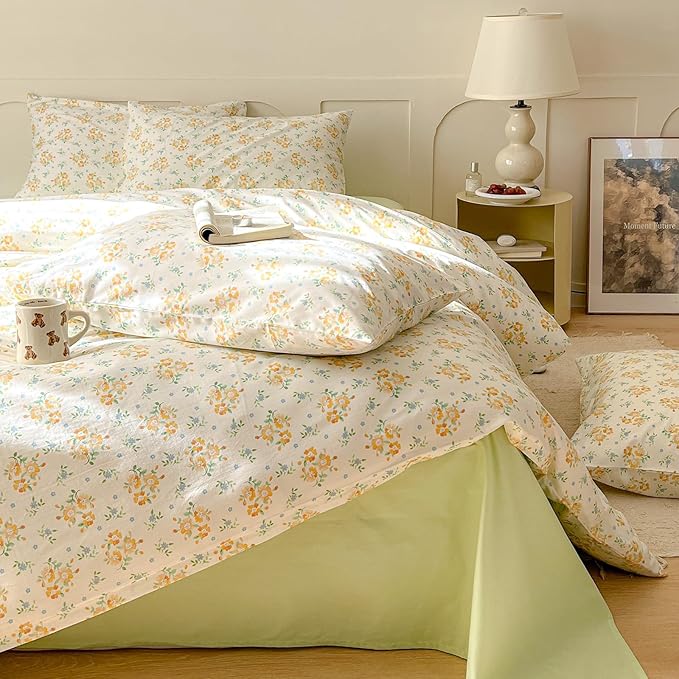EAVD Chic Shabby Small Yellow Floral Duvet Cover Queen Soft 100% Cotton Garden Floral Bedding Set with 2 Pillowcases Reversible Floral Cottagecore Bedding Set with Zipper Closure