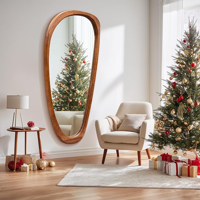 22‘’x48'' Asymmetrical Mirror with Wood Frame, Small Irregular Wall Odd Shaped Mid Century Modern Mirror Christmas Decor for Bedroom Living Room Entryway Hall (Wood)