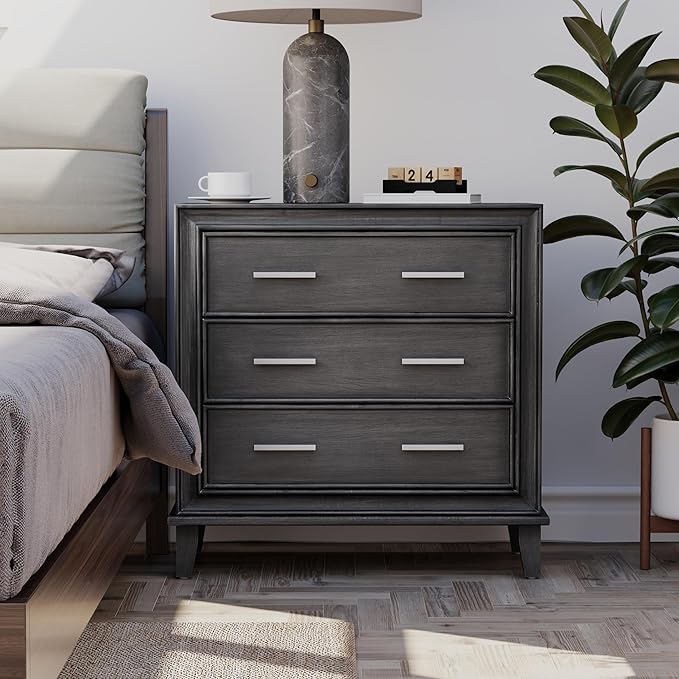 COZAYH Modern 3 Drawer Nightstand, Wood Dresser with Metal Handles, Vintage Accent Bedside Table Storage Chest, Mid-Century Cabinet, Sturdy Bedroom Organizer, Dark Finish, Fully Assembled, Black